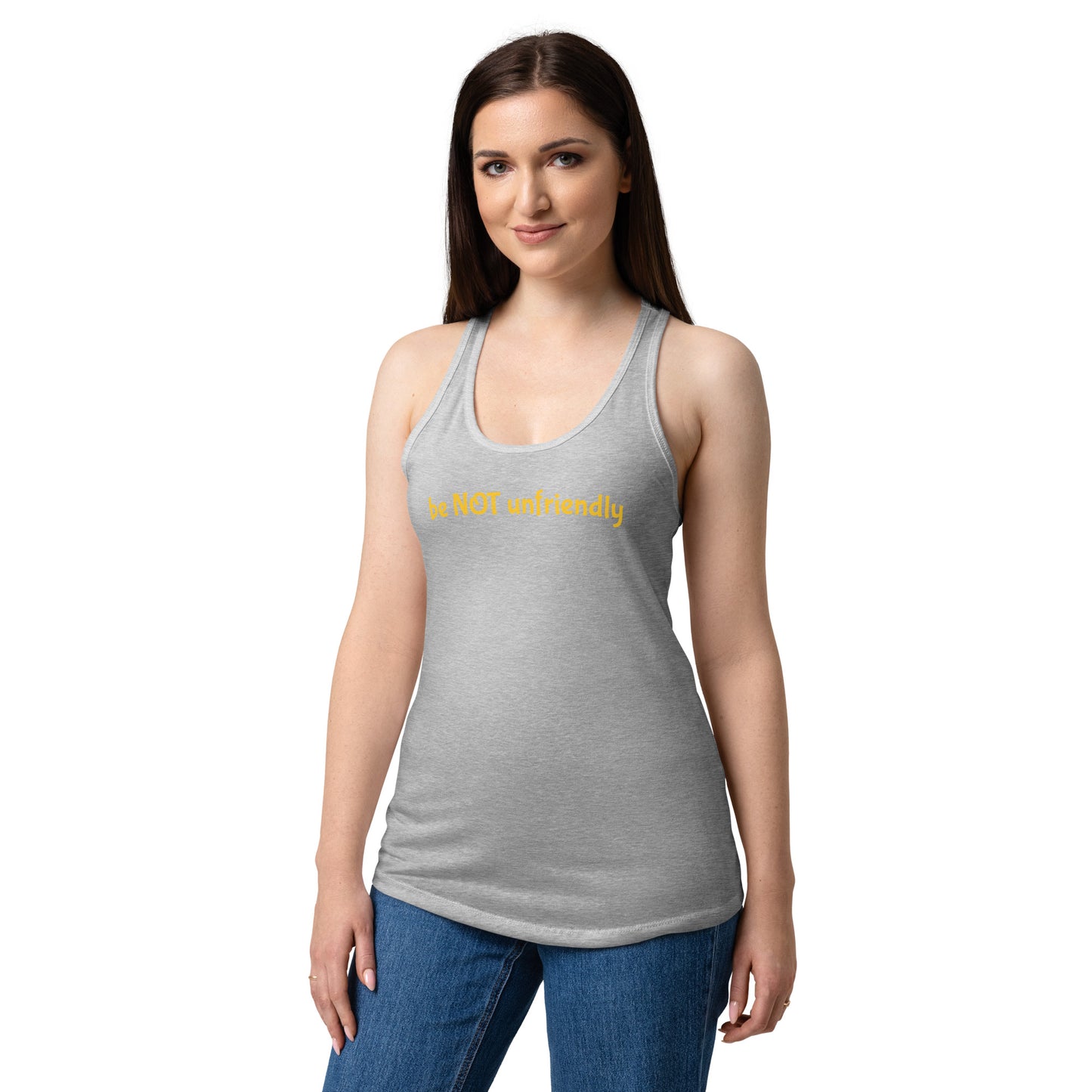 Woman wearing a gray tank top with pink text on a white background