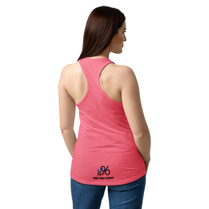 Woman wearing a pink tank top with a graphic text logo on the back.