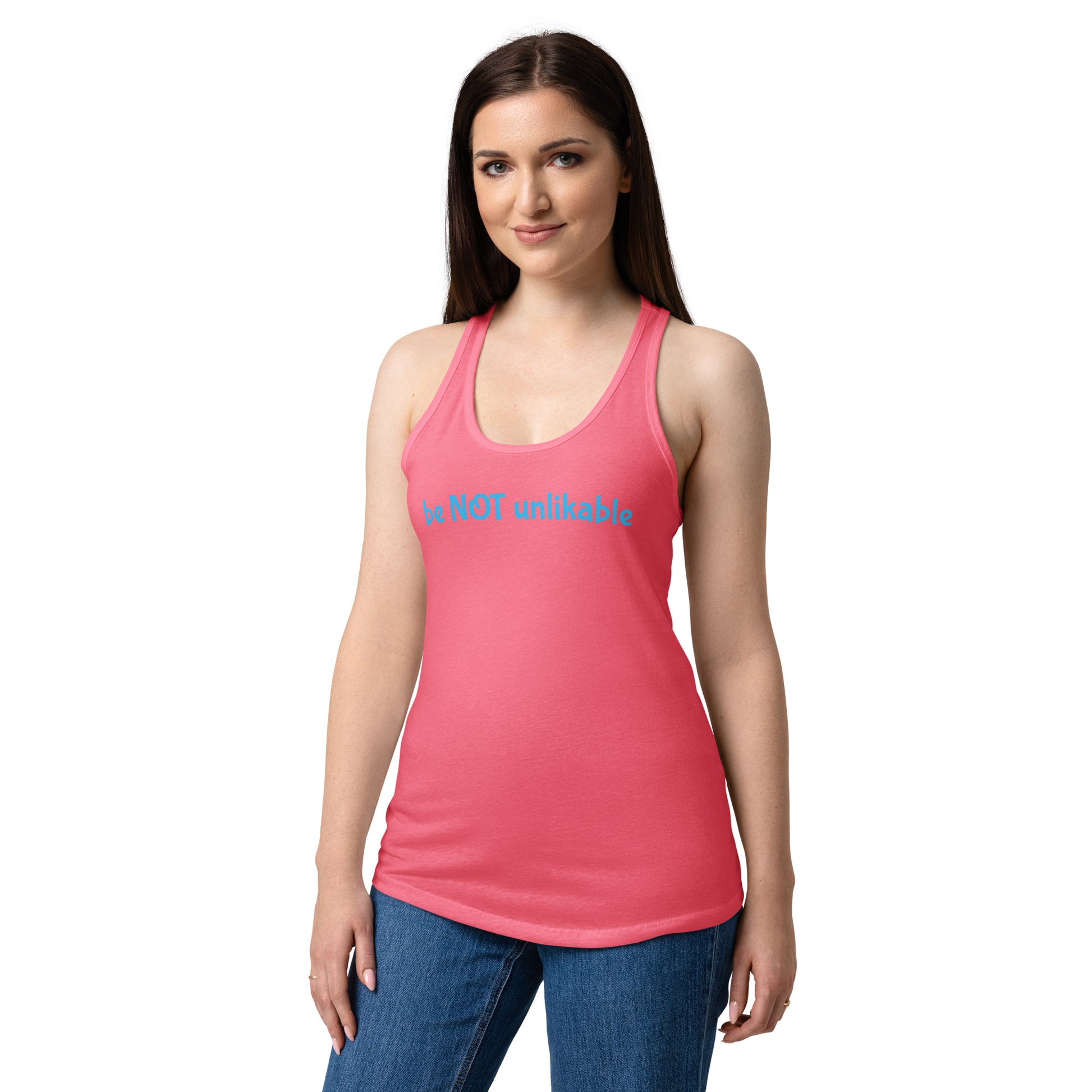 Woman wearing a pink tank top with text and graphics on a white background