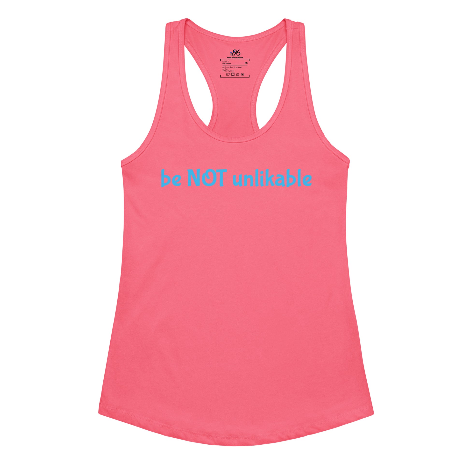 Pink tank top with 'be NOT unlikable' text on a white background