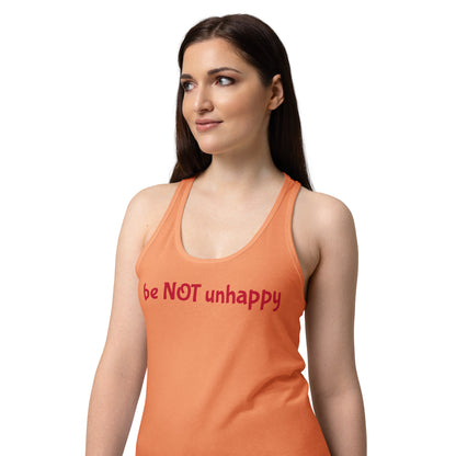 Woman wearing an orange tank top with text on a white background