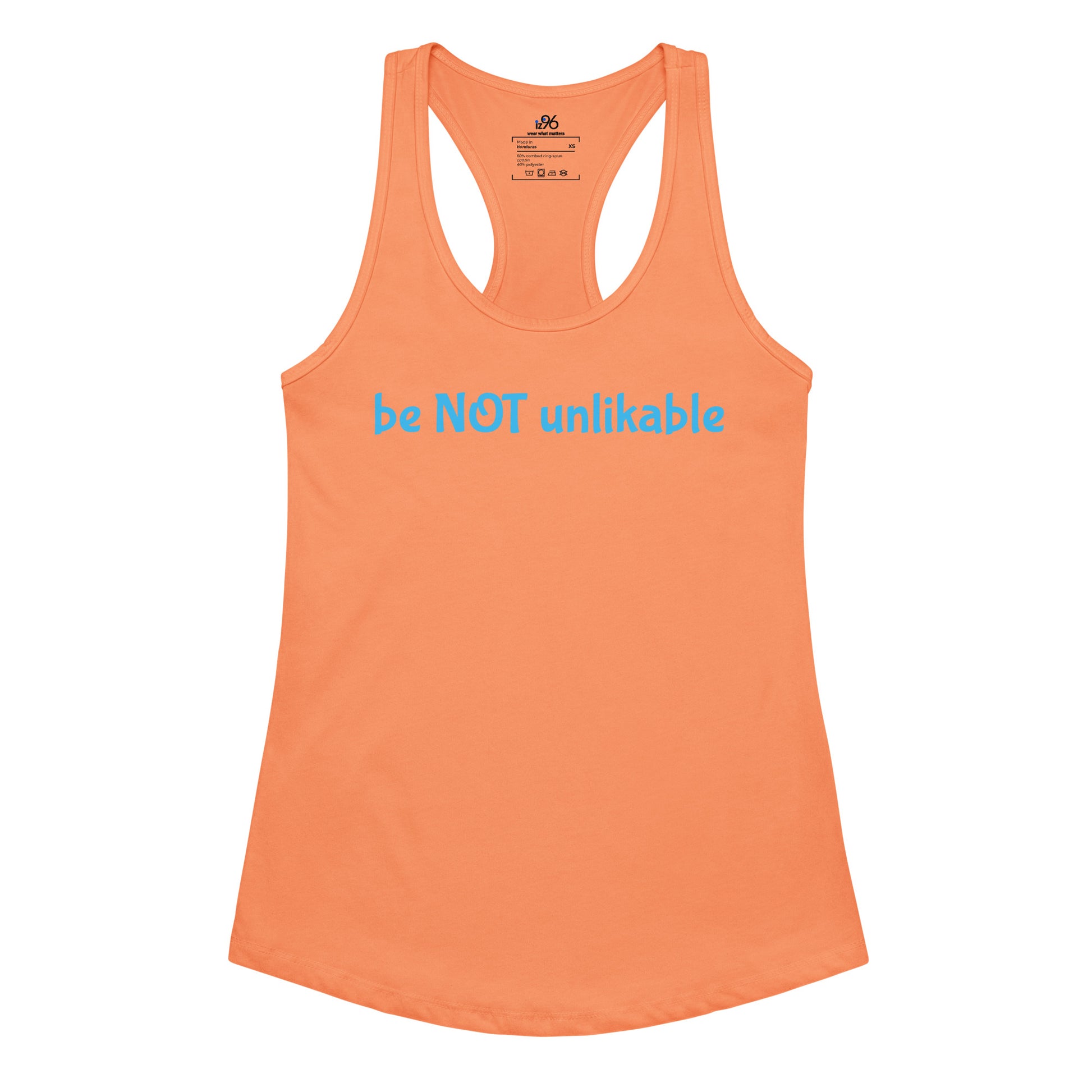 Orange tank top with 'be NOT unlikable' text on a white background