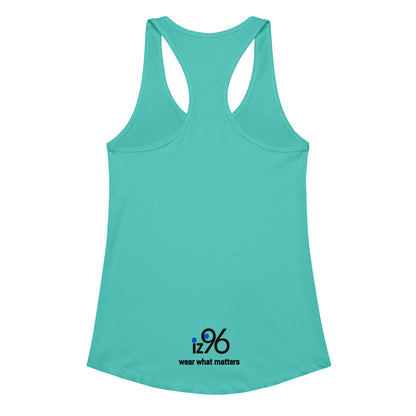 tahiti blue tank top with 'iz96 wear what matters' logo on a white background