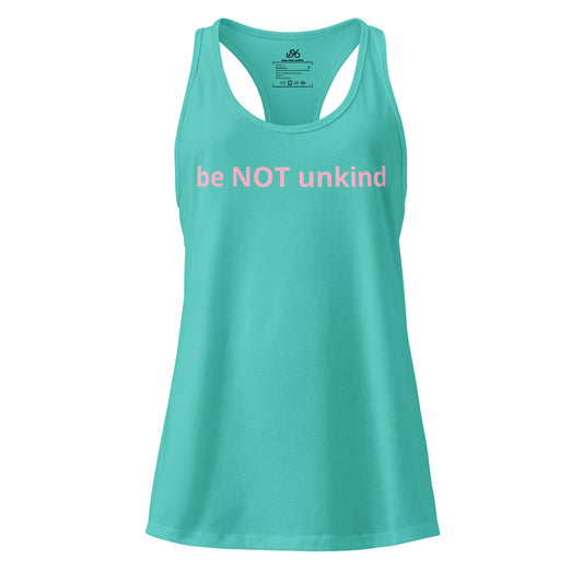 Turquoise racerback tank top text on a white background