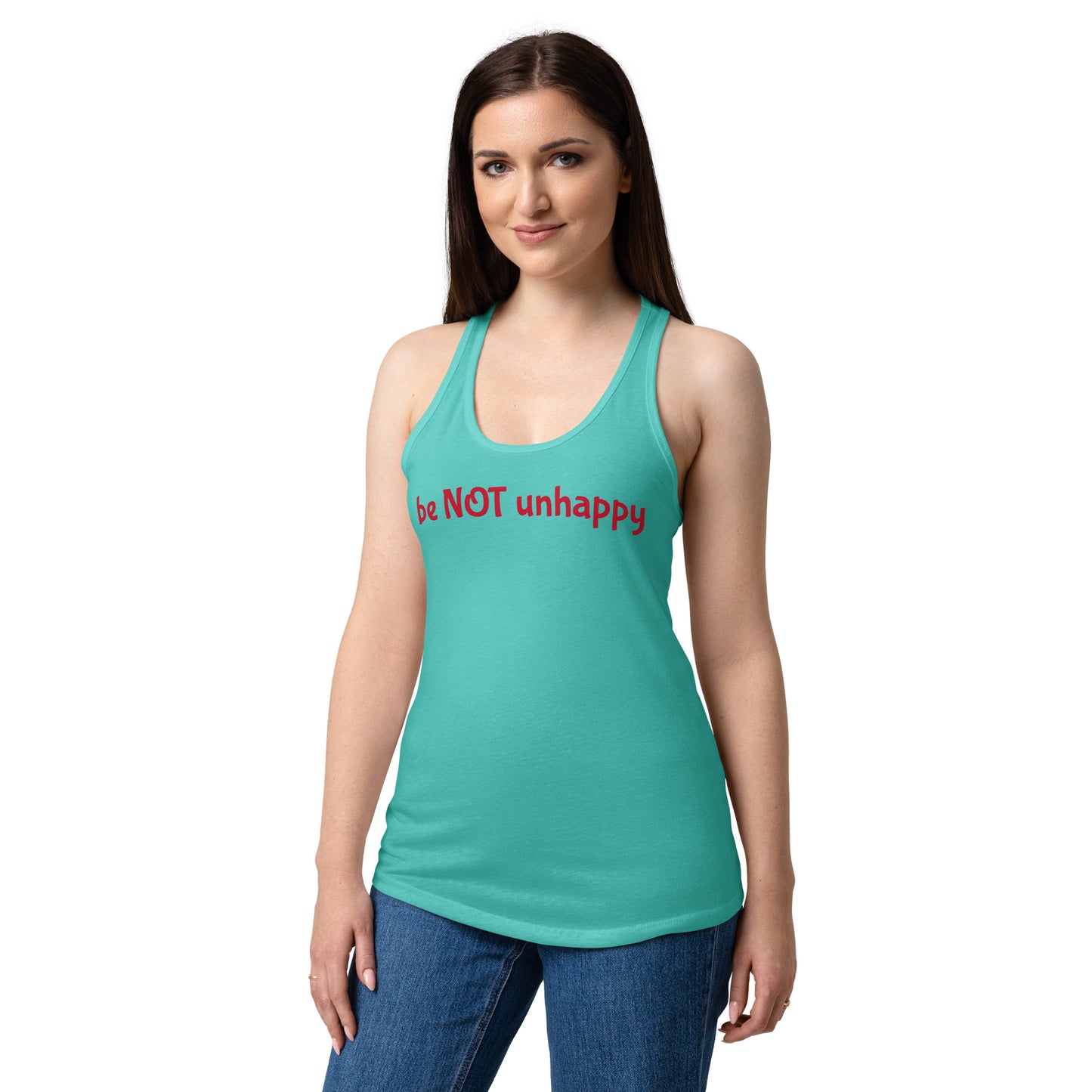 Woman wearing a blue tank top with text on a white background