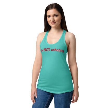 Woman wearing a blue tank top with text on a white background