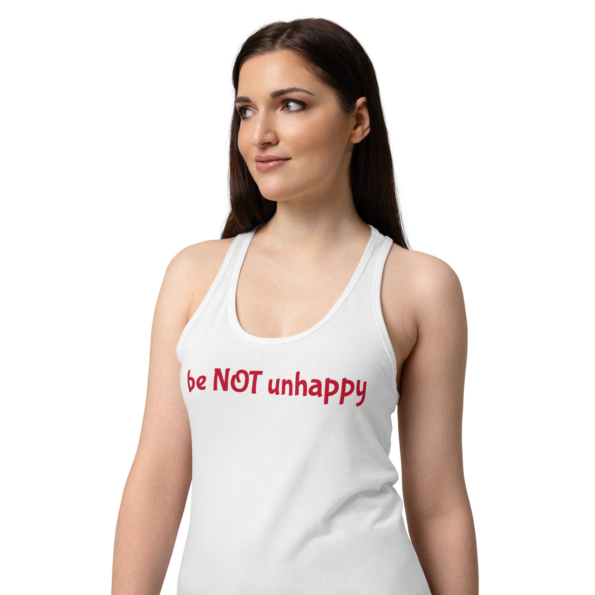 Woman wearing a white tank top with red text on a white background