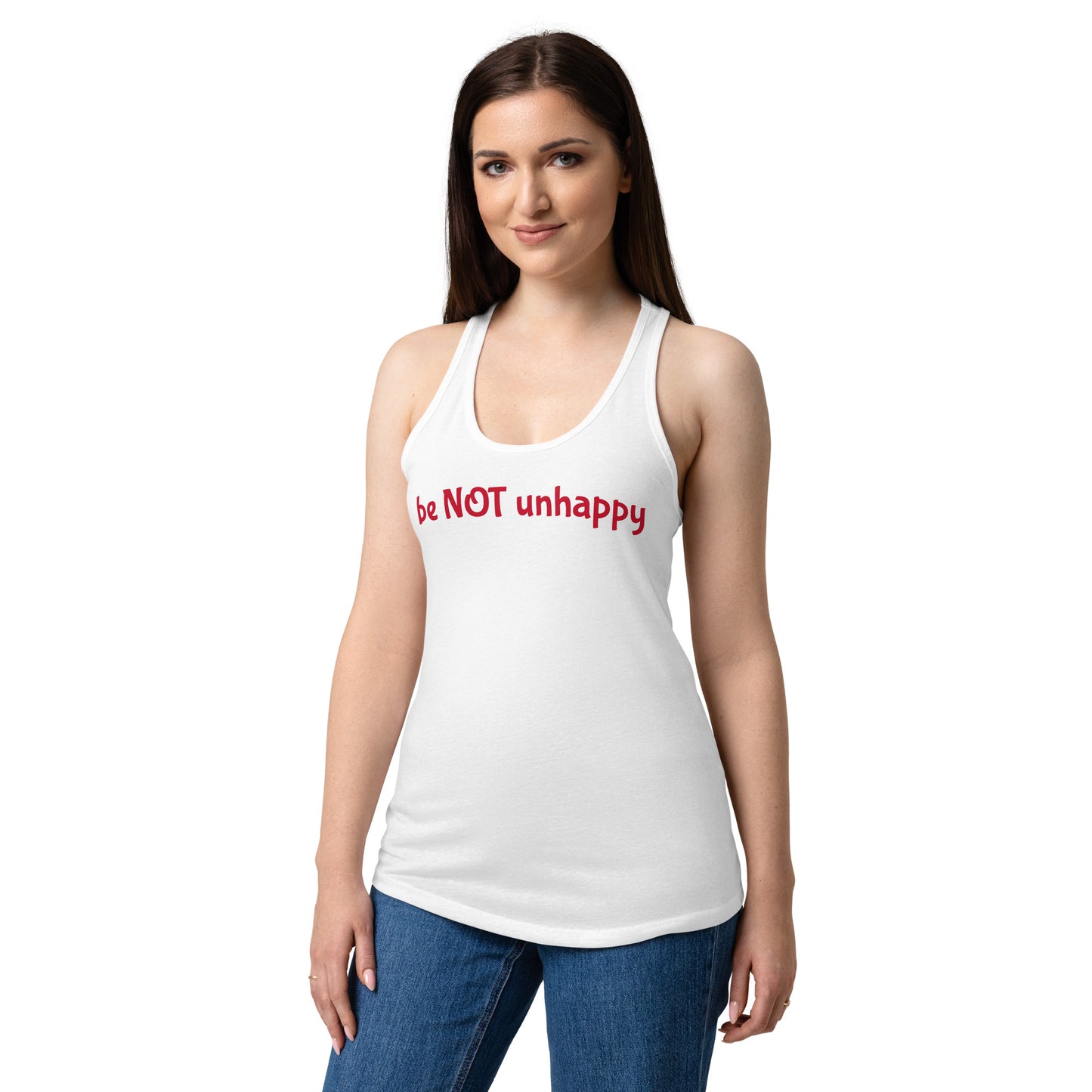 Woman wearing a white tank top with red text on a white background