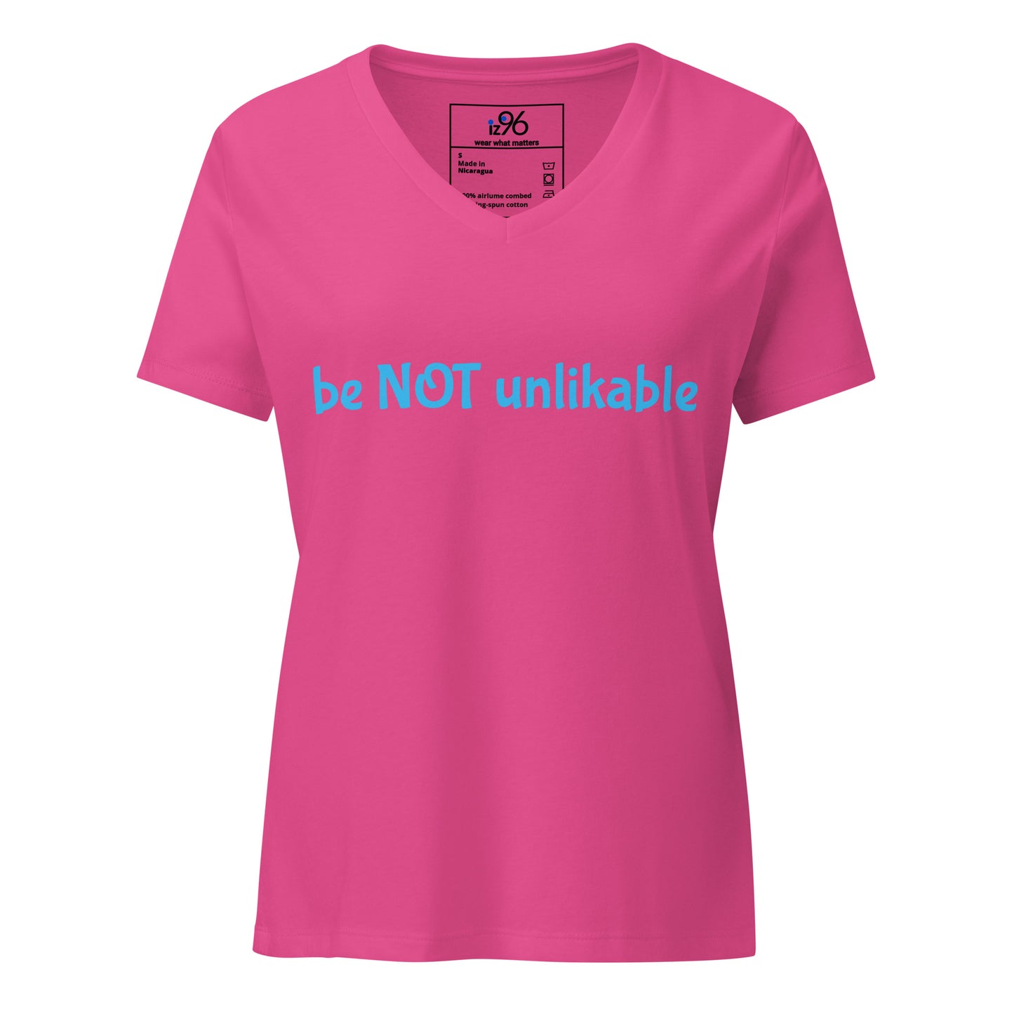 Pink t-shirt with 'be NOT unlikable' text on a white background