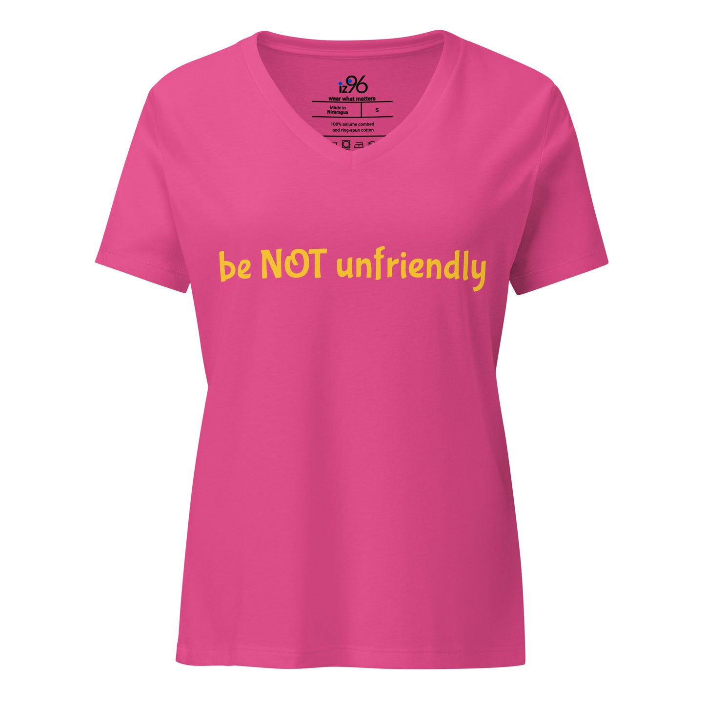 Pink berry t-shirt with yellow text 'be NOT unfriendly' on a white background