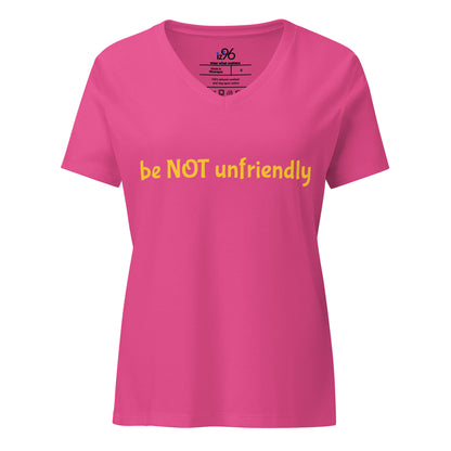 Pink berry t-shirt with yellow text 'be NOT unfriendly' on a white background