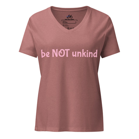 Pink V-neck t-shirt with 'be NOT unkind' text on a white background