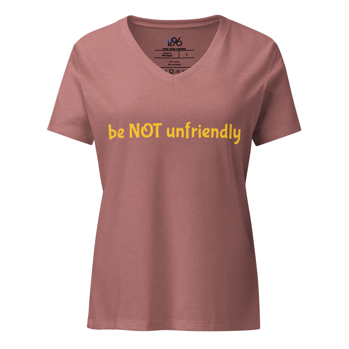 Mauve t-shirt with yellow text 'be NOT unfriendly' on a white background