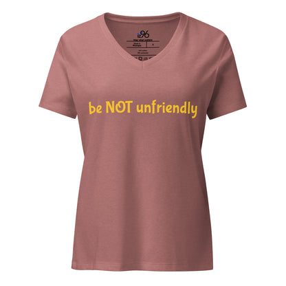 Mauve t-shirt with yellow text 'be NOT unfriendly' on a white background