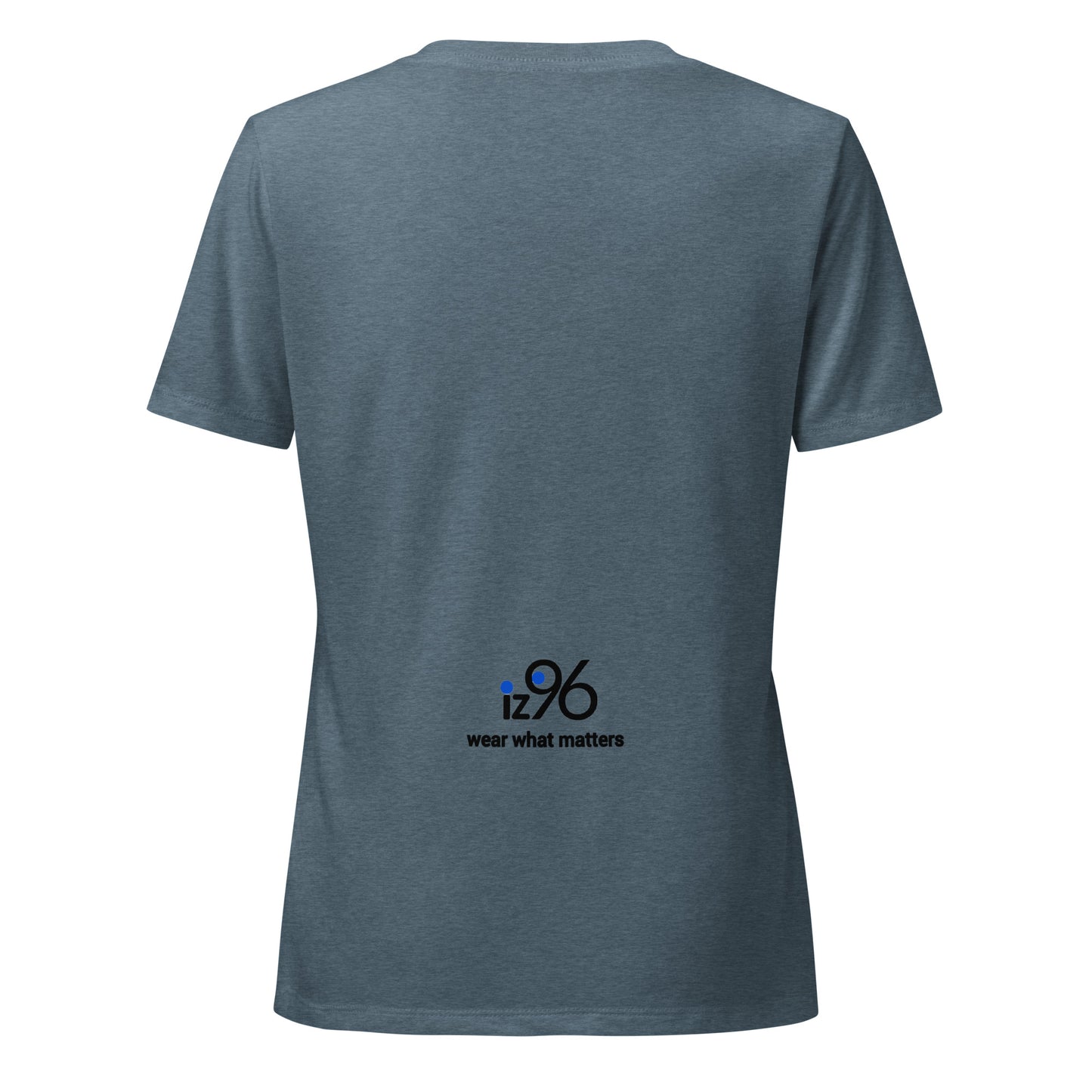 Blue t-shirt with a logo on the back against a white background