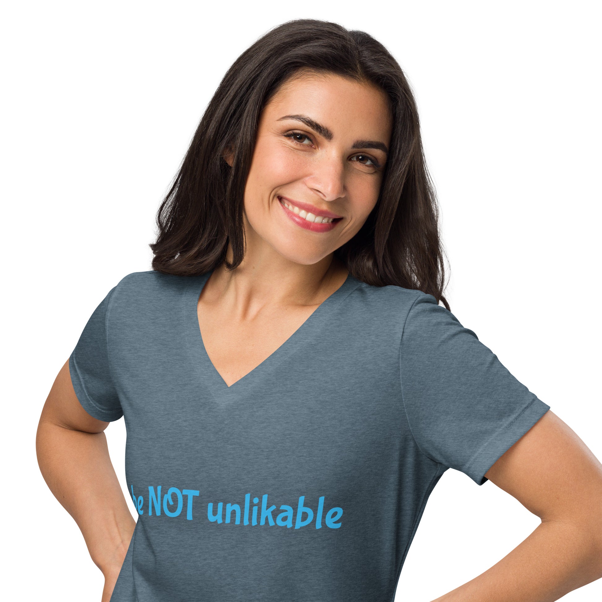 Woman wearing a blue t-shirt with 'NOT unlikable' text on a white background