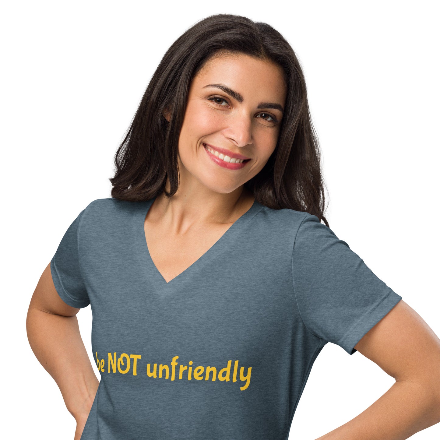 Woman wearing a blue t-shirt with a colorful graphic and text on a white background