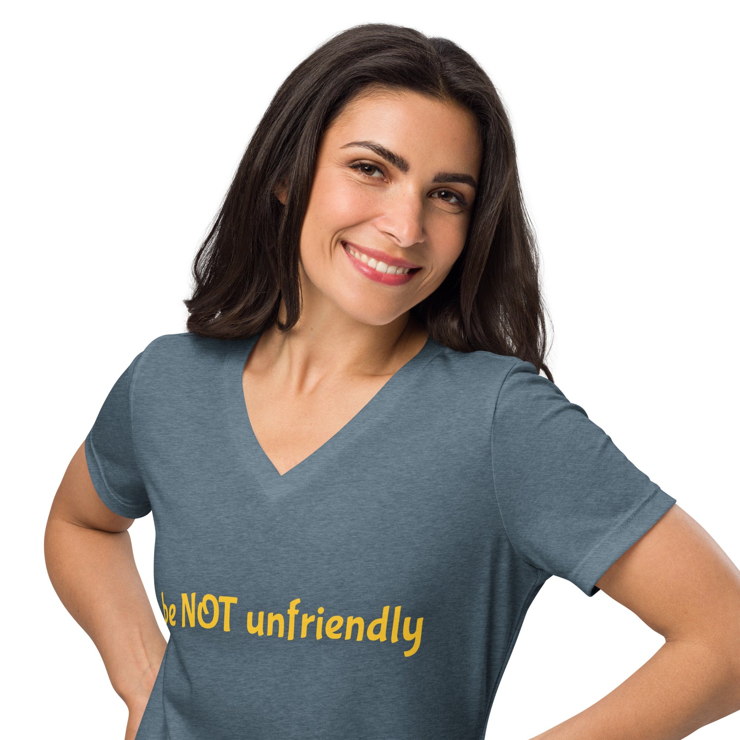 Woman wearing a blue t-shirt with a colorful graphic and text on a white background