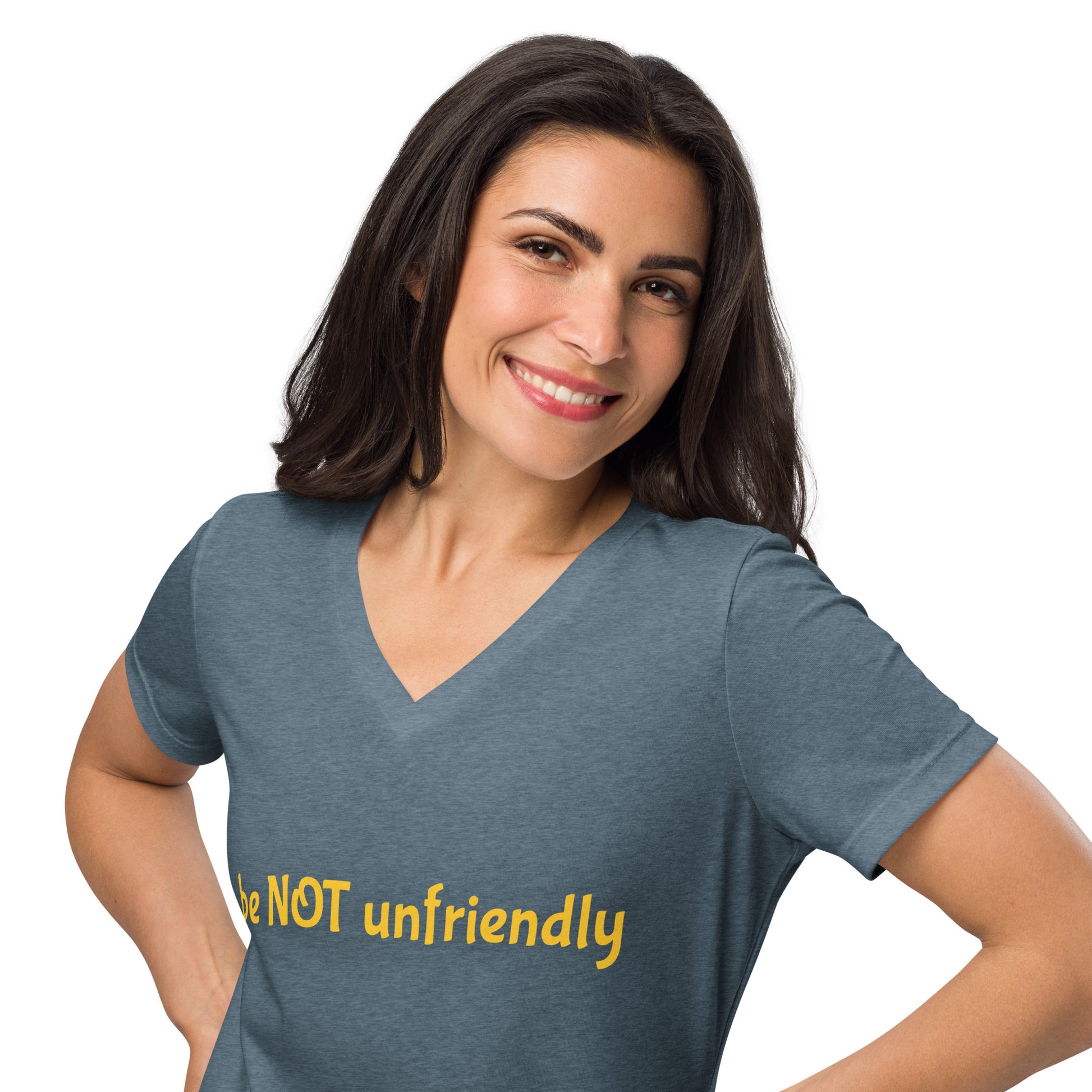 Woman wearing a blue t-shirt with a colorful graphic and text on a white background