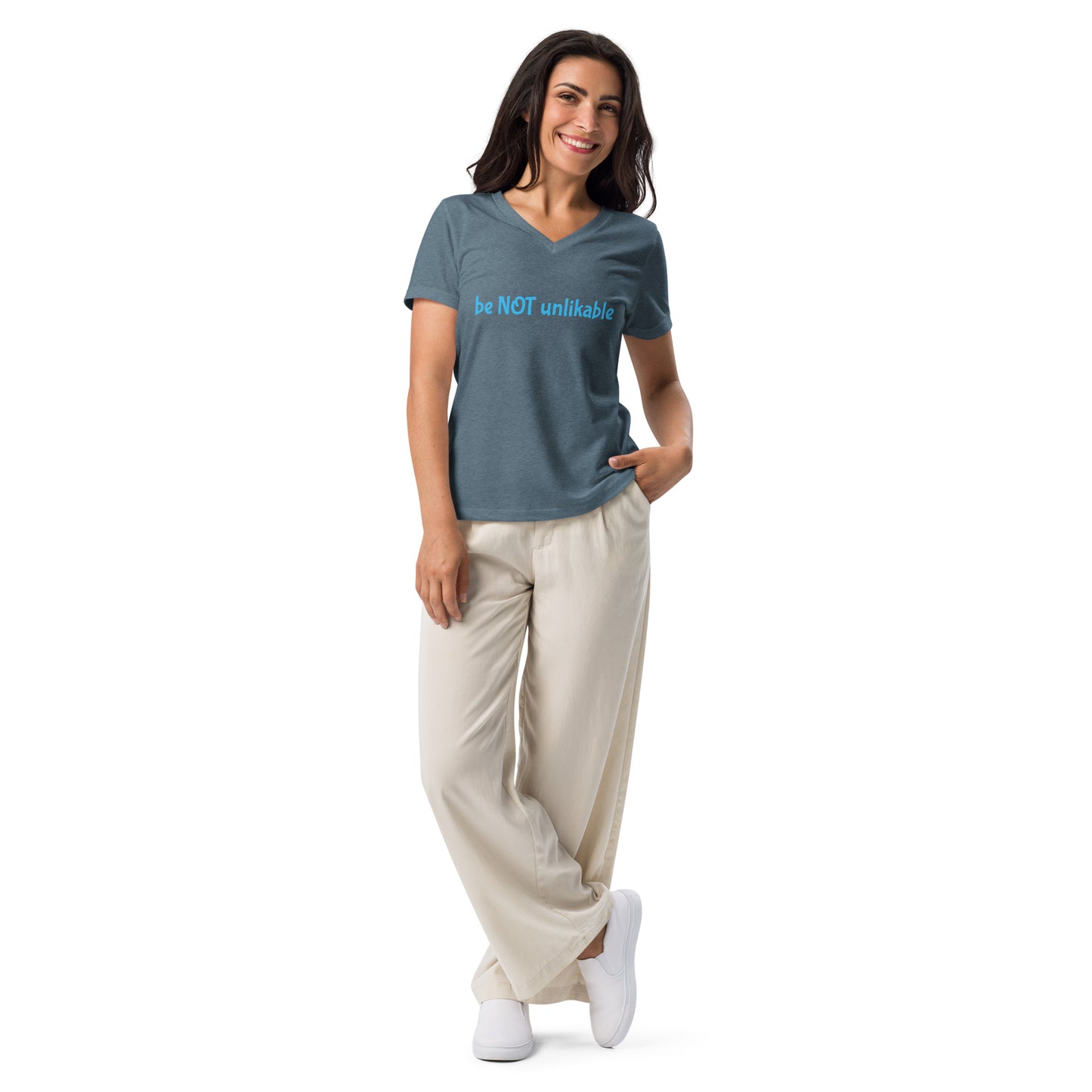 Woman wearing a blue t-shirt with text and graphics on a white background