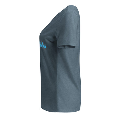 Heather slate t-shirt with a colorful graphic on the sleeve against a white background