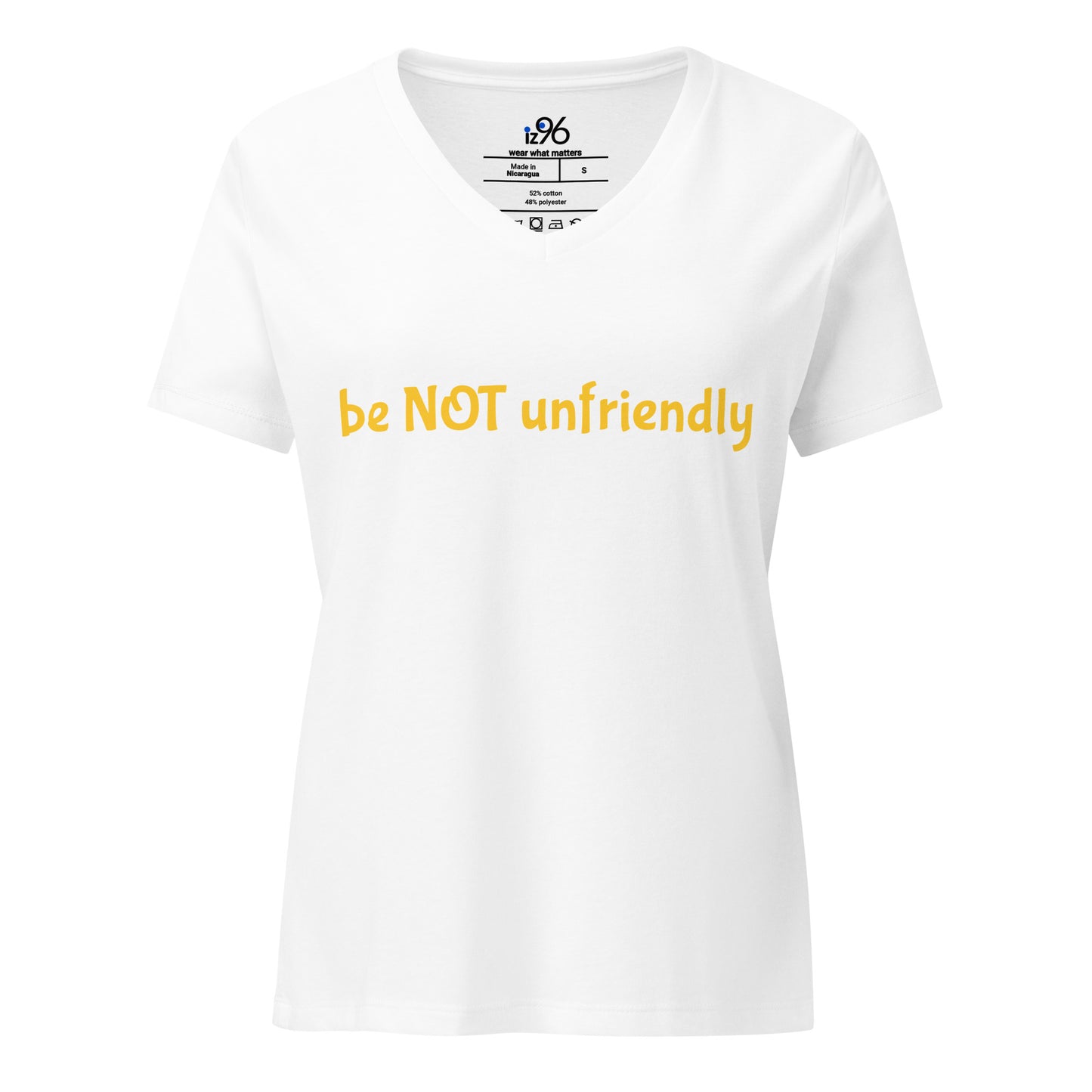 White t-shirt with yellow text 'be NOT unfriendly' on a white background
