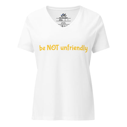 White t-shirt with yellow text 'be NOT unfriendly' on a white background