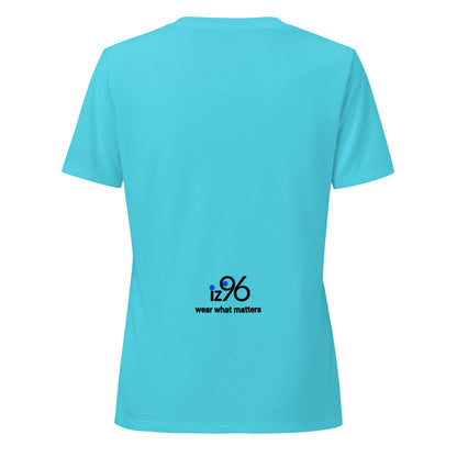 Light blue t-shirt with a logo and text on the back against a white background