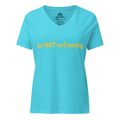Blue t-shirt with yellow text 'be NOT unfriendly' on a white background