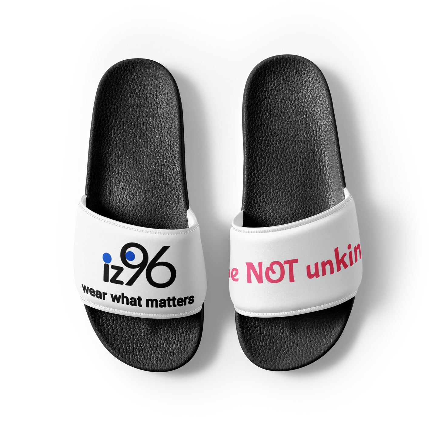White slides with black soles featuring text and logos on a white background