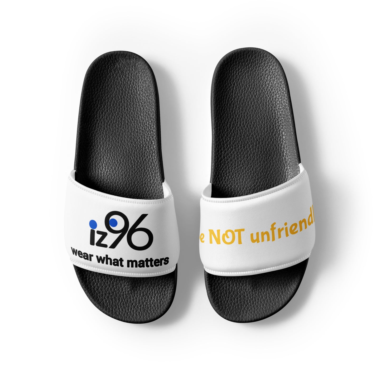 White slides with black soles featuring text and logos on a white background