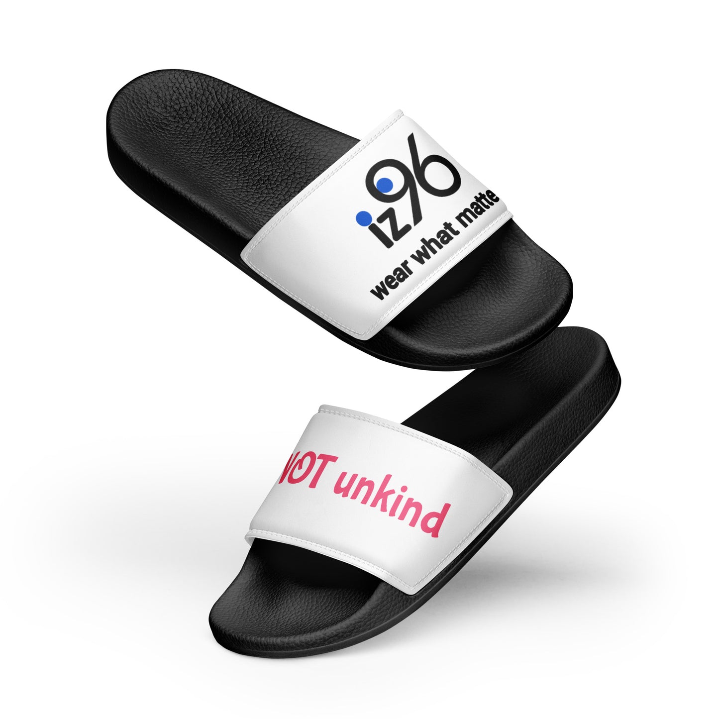 Black slides with white straps featuring text on a white background