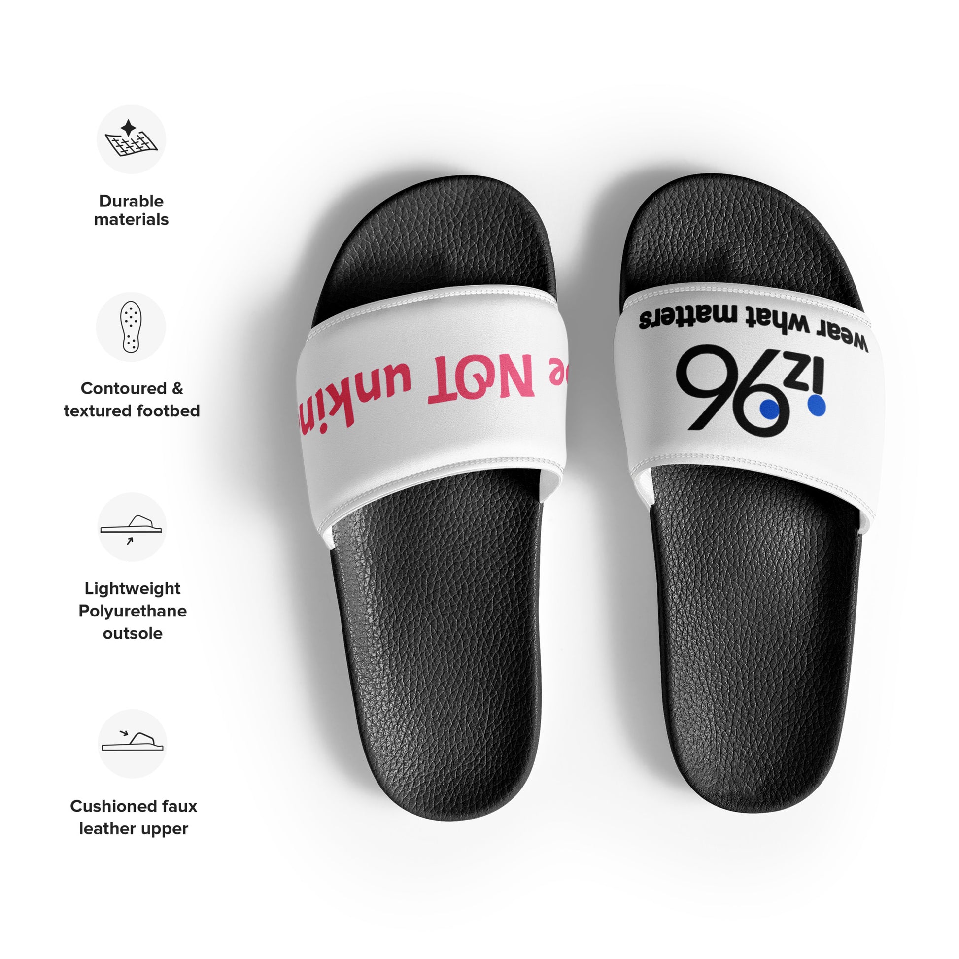 Black and white slides with text and logo design on a white background