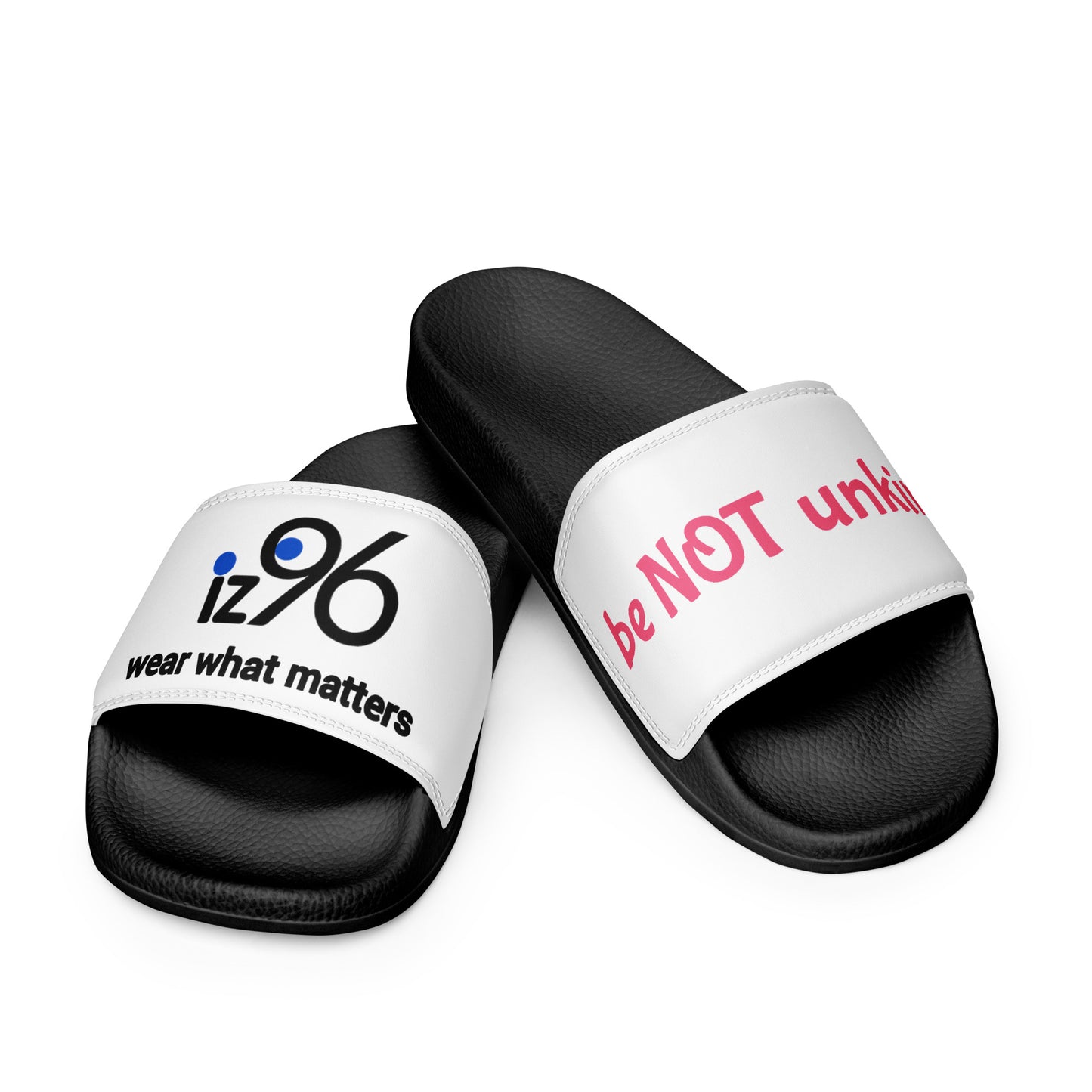Black slides with white straps featuring text on a white background
