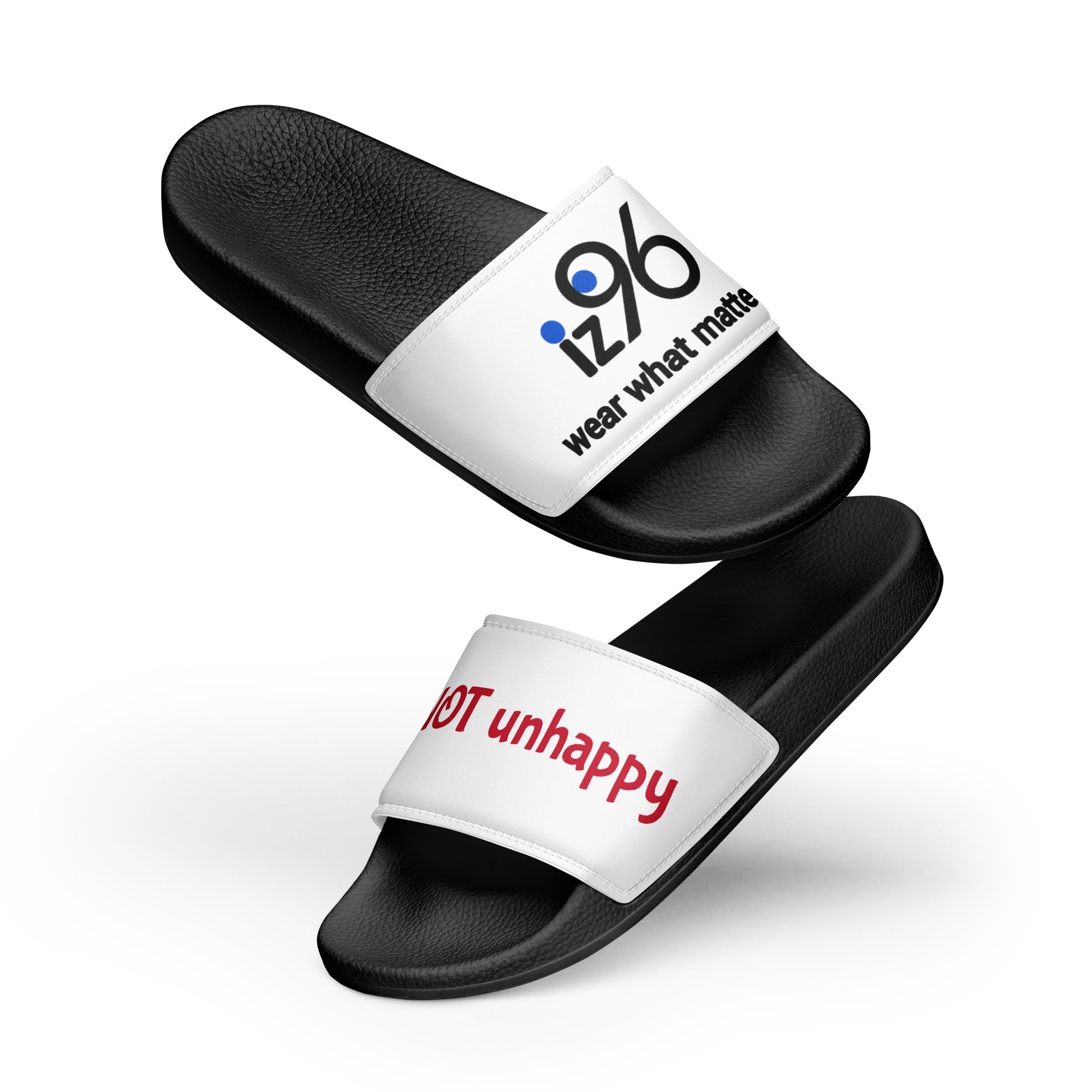Black slides with white straps featuring text on a white background