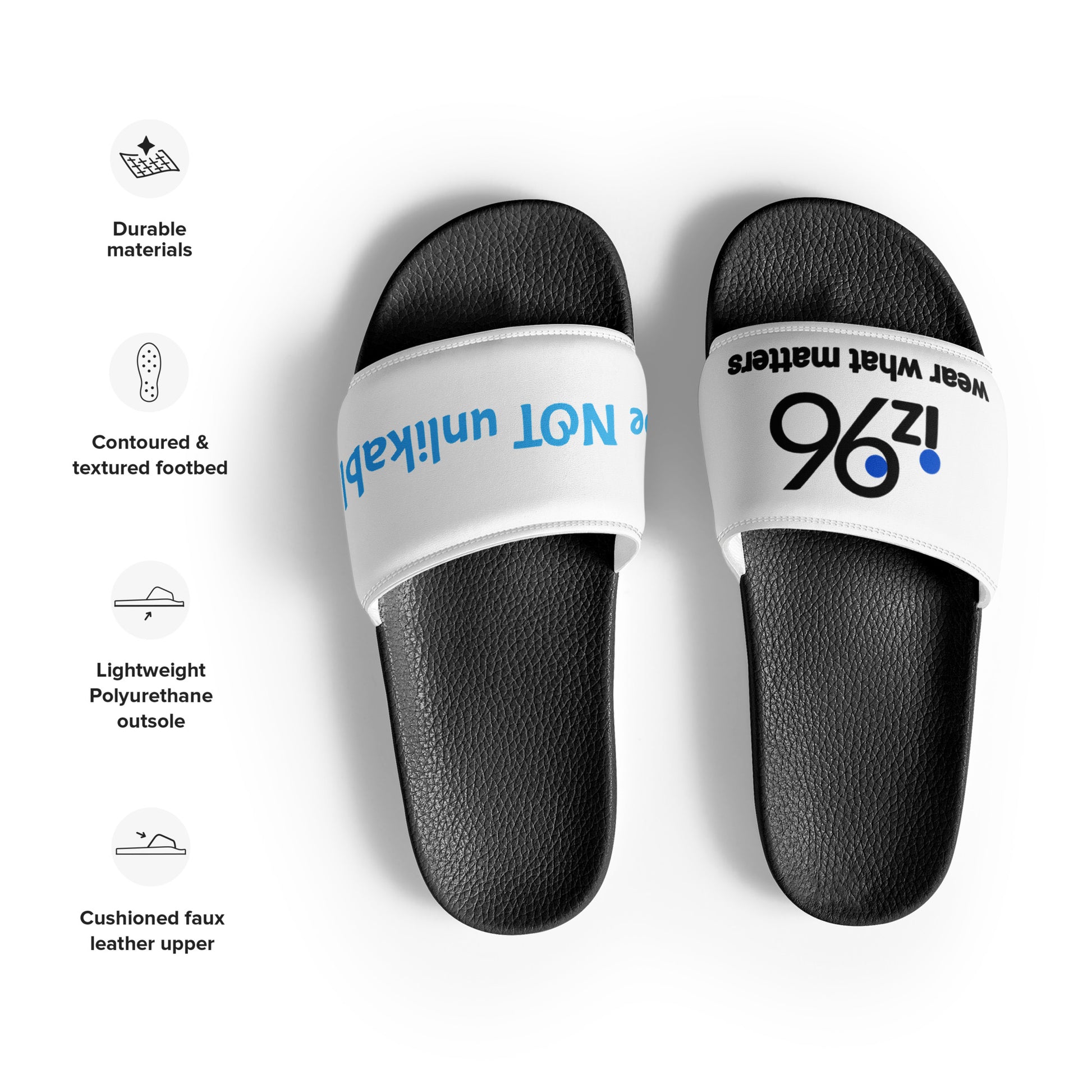 Black and white slides with text and logo design on a white background