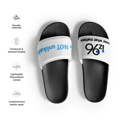Black and white slides with text and logo design on a white background