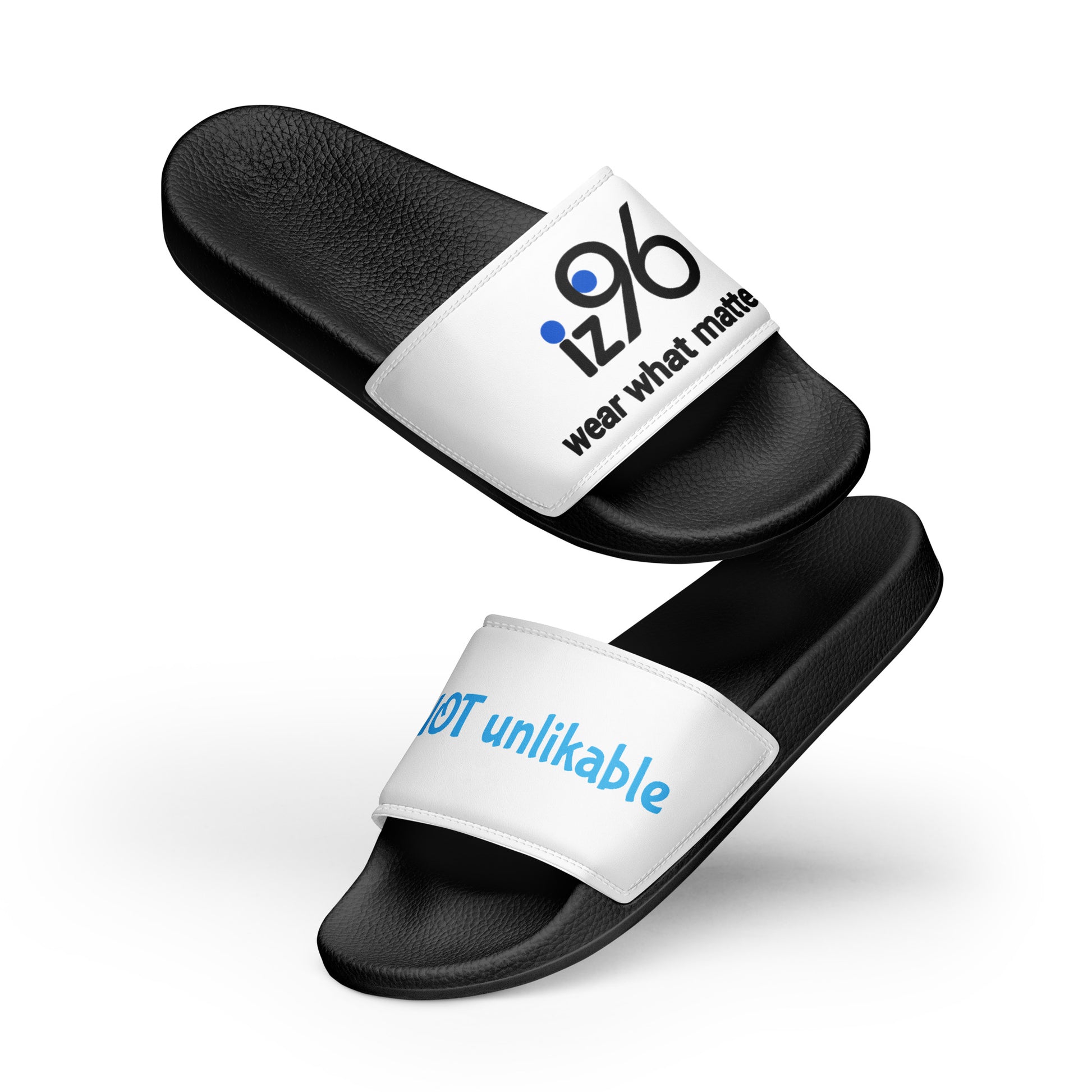 Black slides with white straps featuring text on a white background