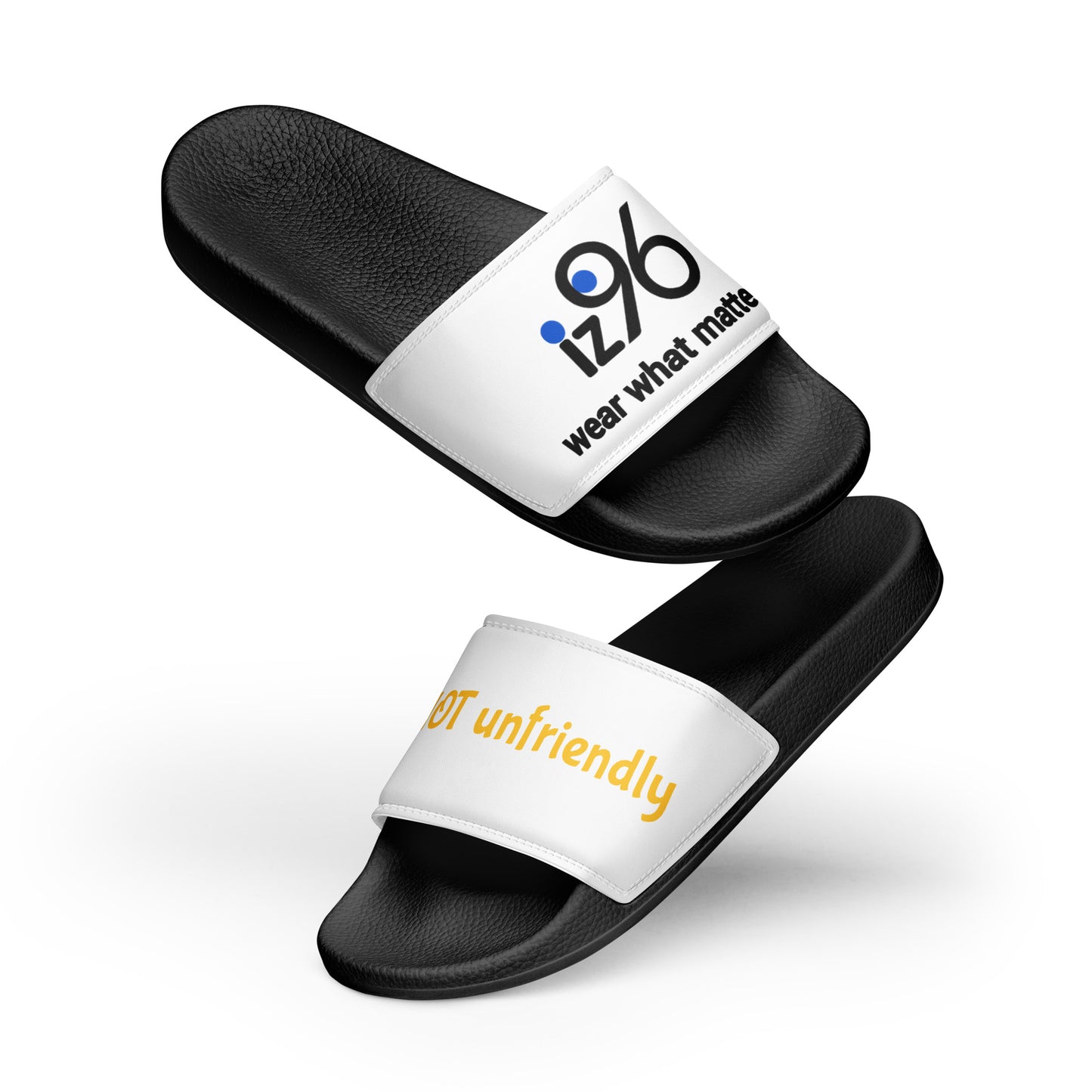 Black slides with white straps featuring text on a white background