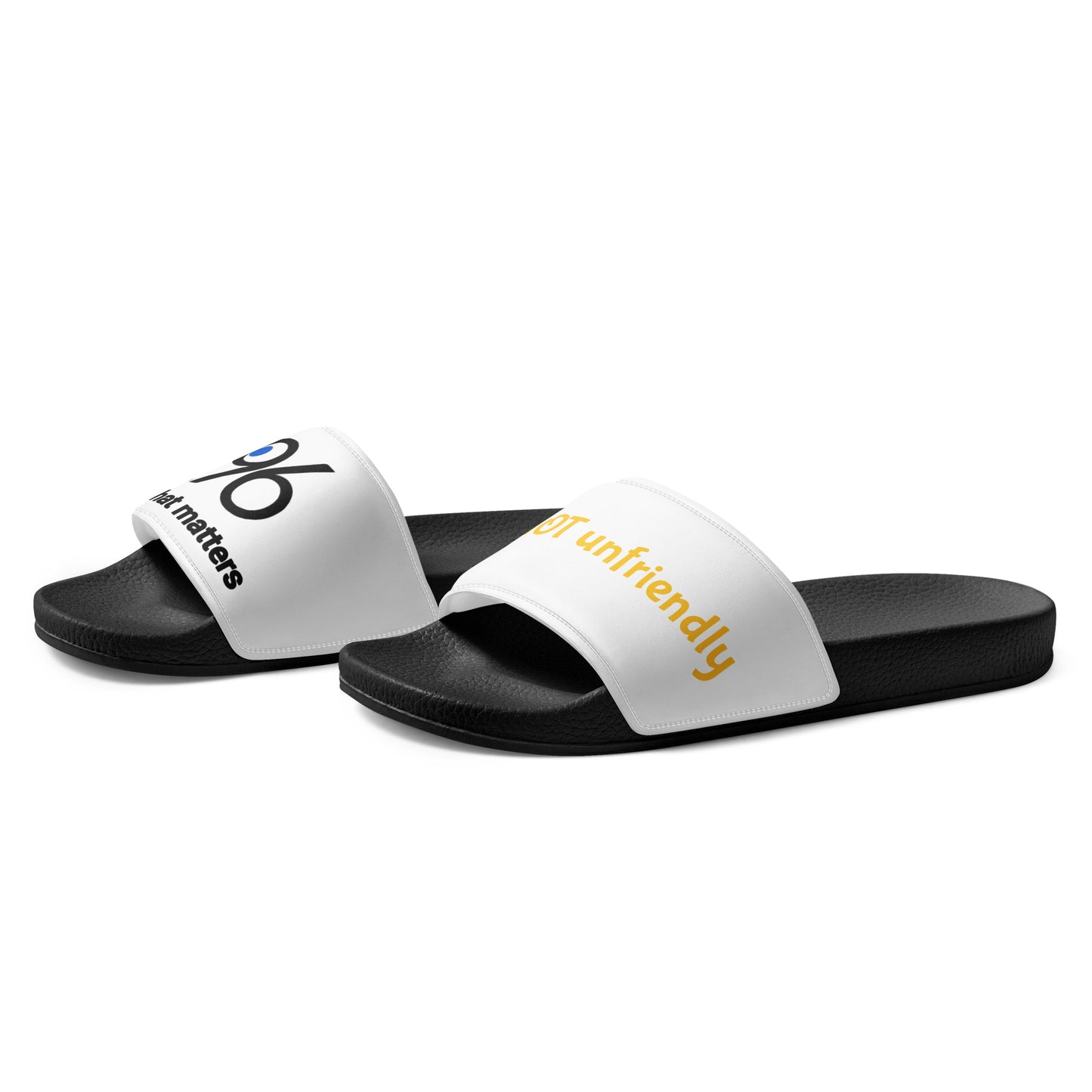 Black and white slide sandals with 'be not unfriendly' text with logo branding on a white background