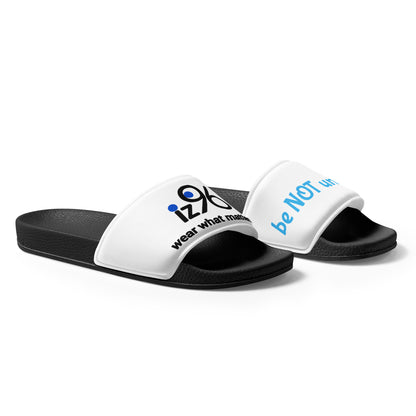 White slides with black soles 'be not unlikable' text on a white background
