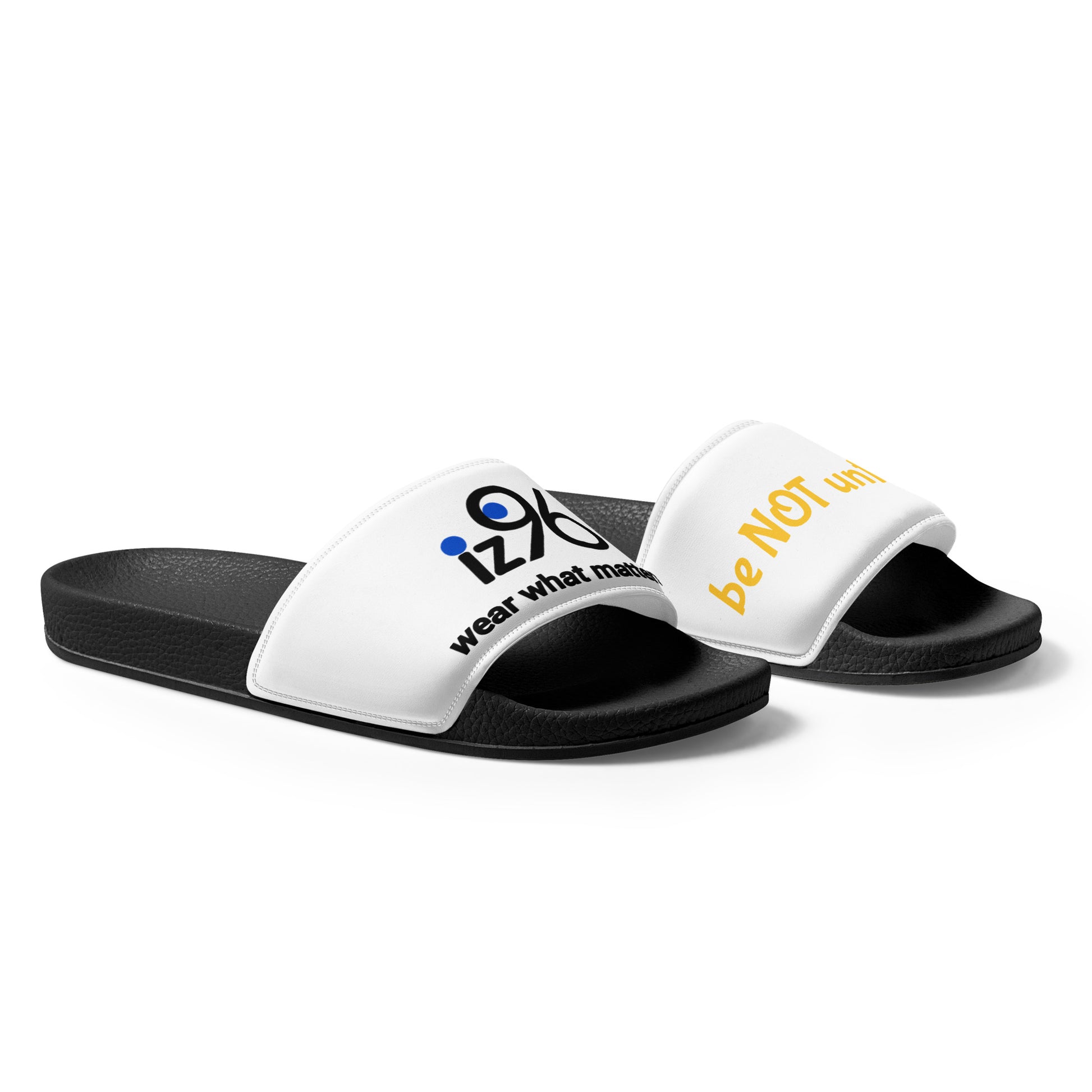 White slides with black soles featuring text and logos on a white background