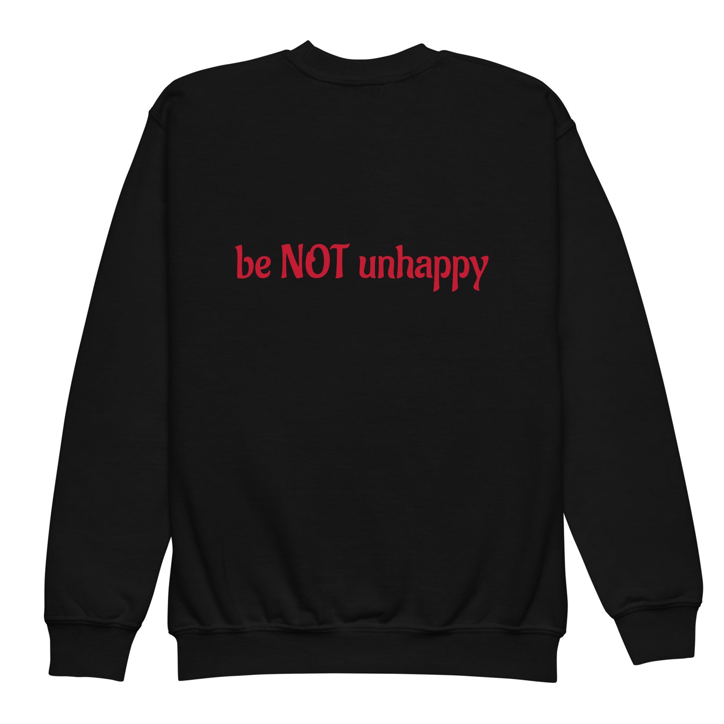Black sweatshirt with text on the back against a white background