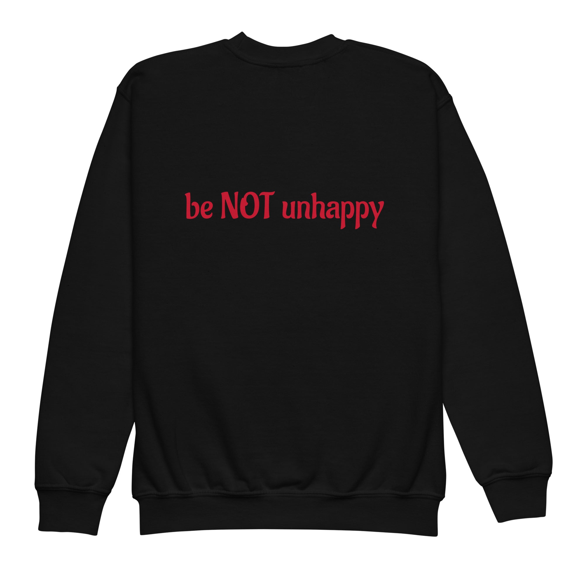 Black sweatshirt with text on the back against a white background