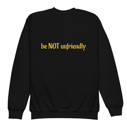 Blue sweatshirt with text on the back against a white background