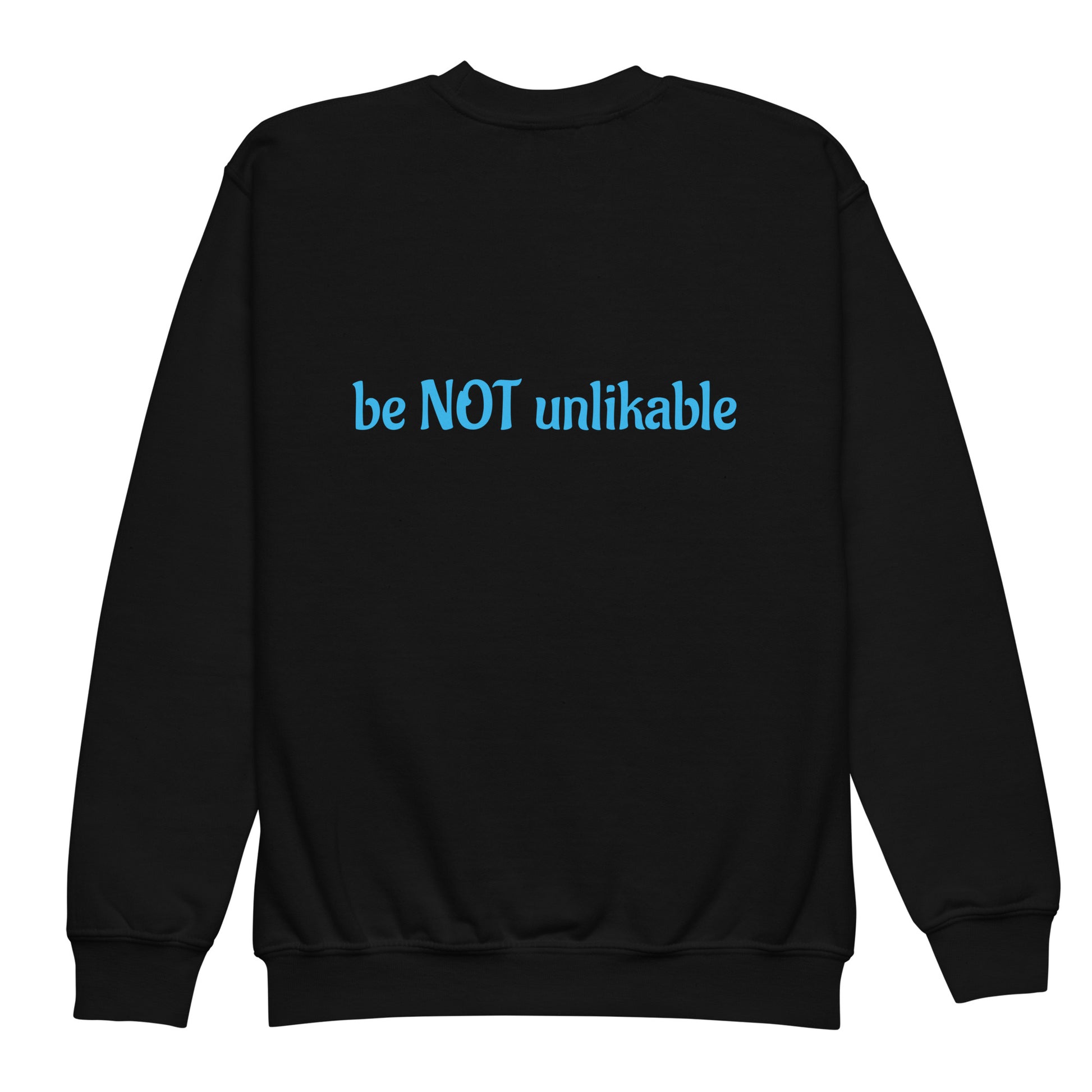 Blue sweatshirt with text on the back against a white background