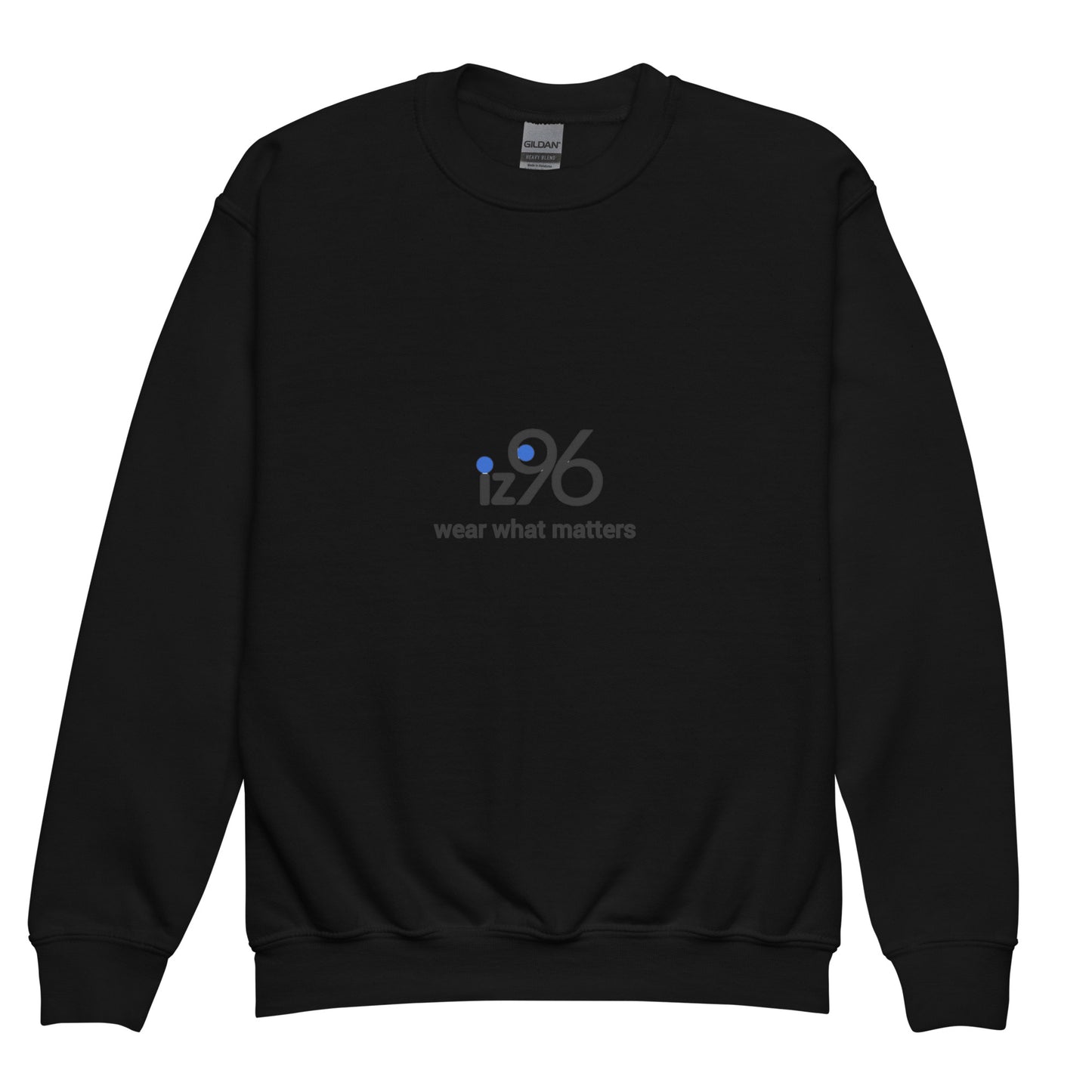 Black sweatshirt with 'iz96 wear what matters' logo on a white background