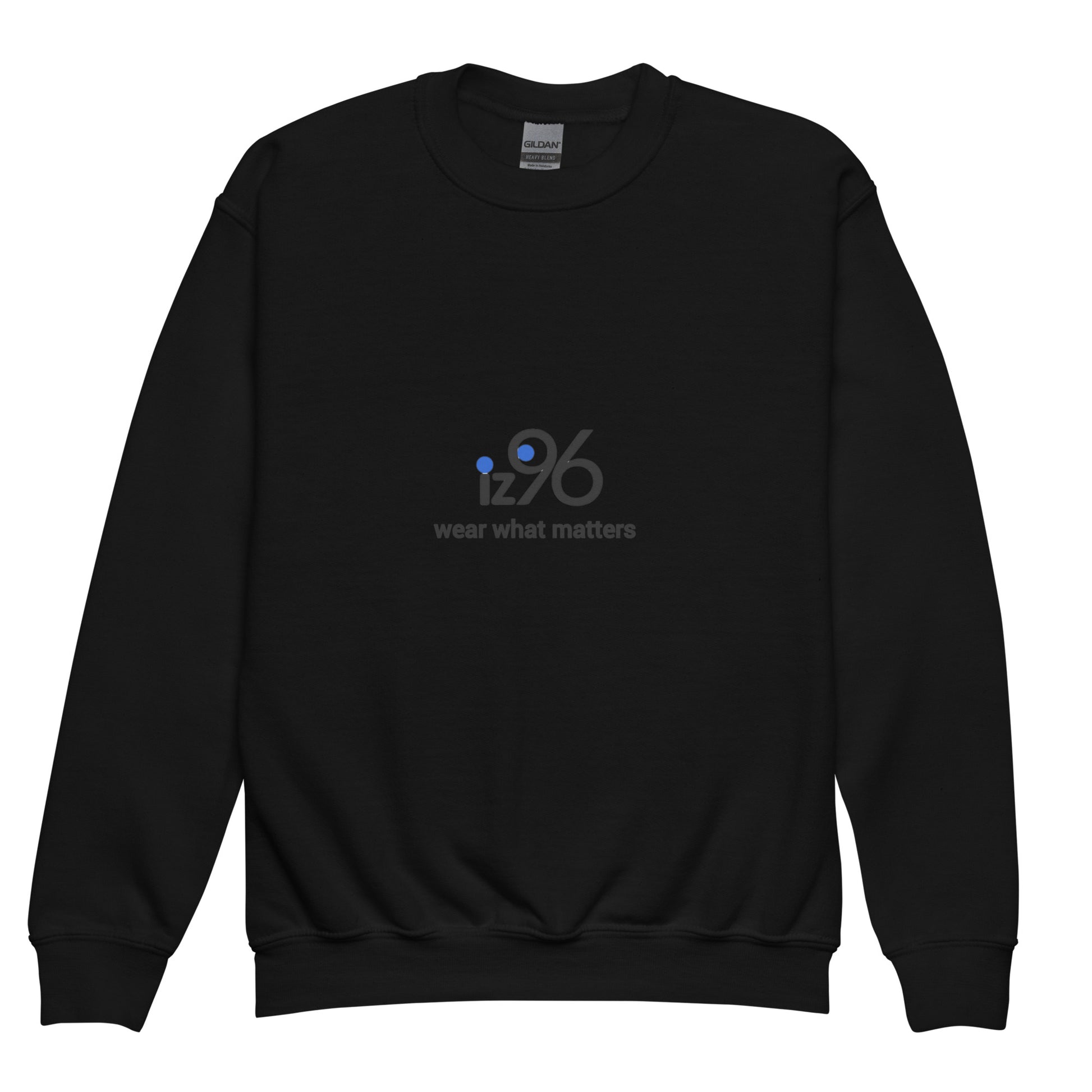 Black sweatshirt with 'iz96 wear what matters' logo on a white background