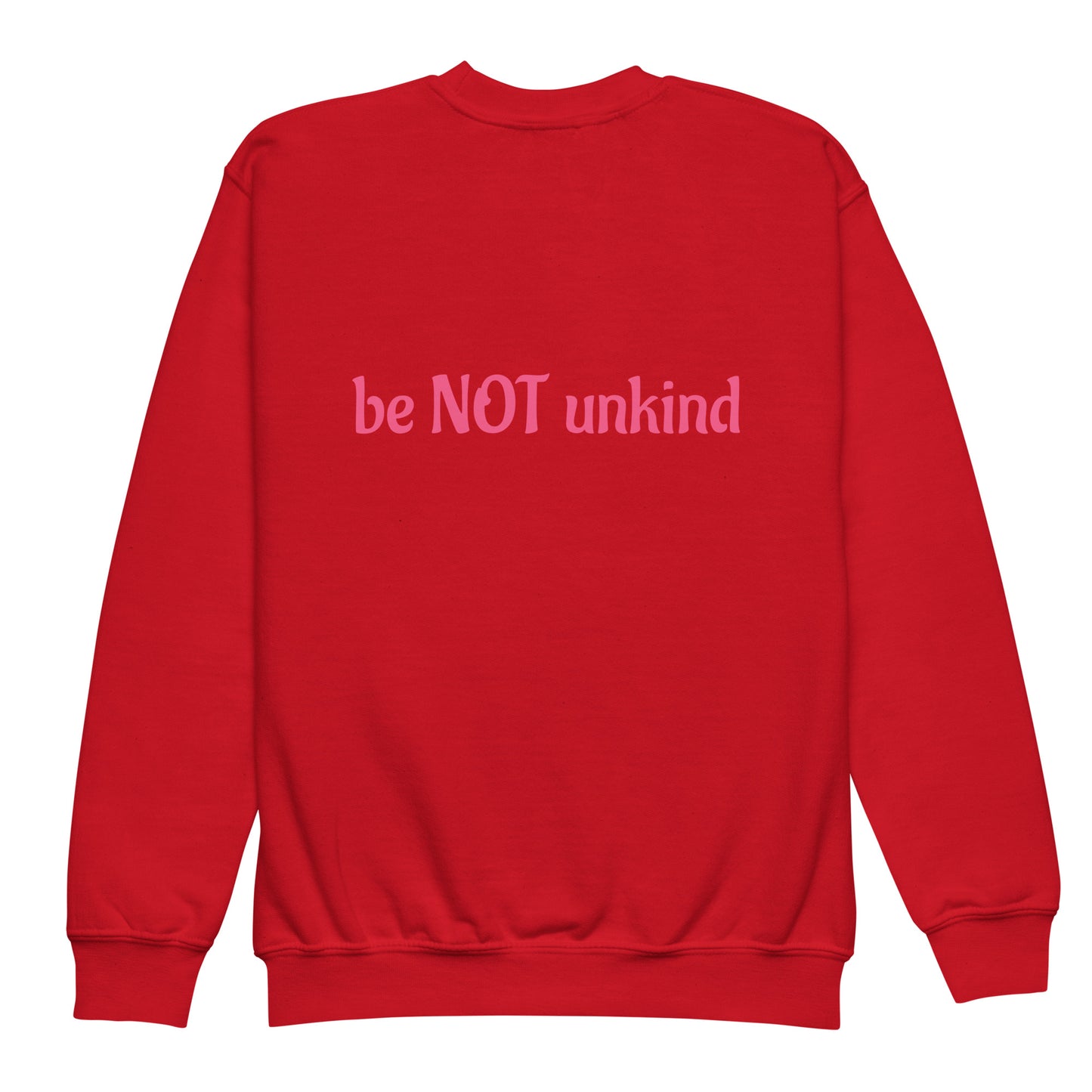 Red sweatshirt with pink text on a white background