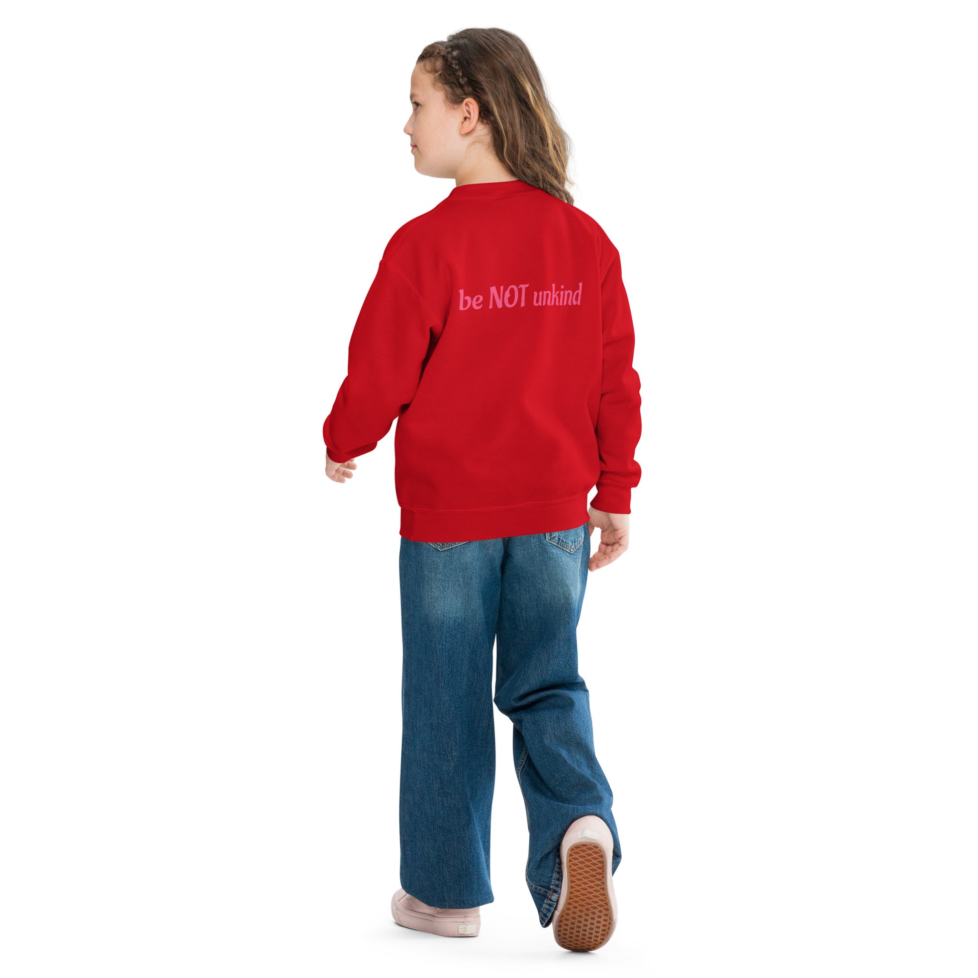 Person wearing a red sweatshirt and blue jeans on a white background